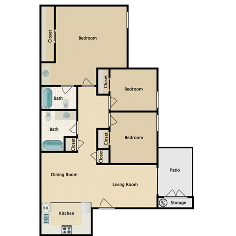 Floor plan for 3 beds, 2 baths, 1058 sqft